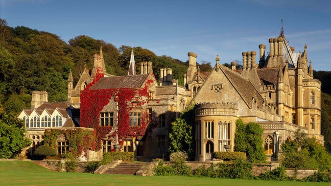 The Gothic west front of Tyntesfield on a sunny day in autumn, wrapped in purple climbing plants